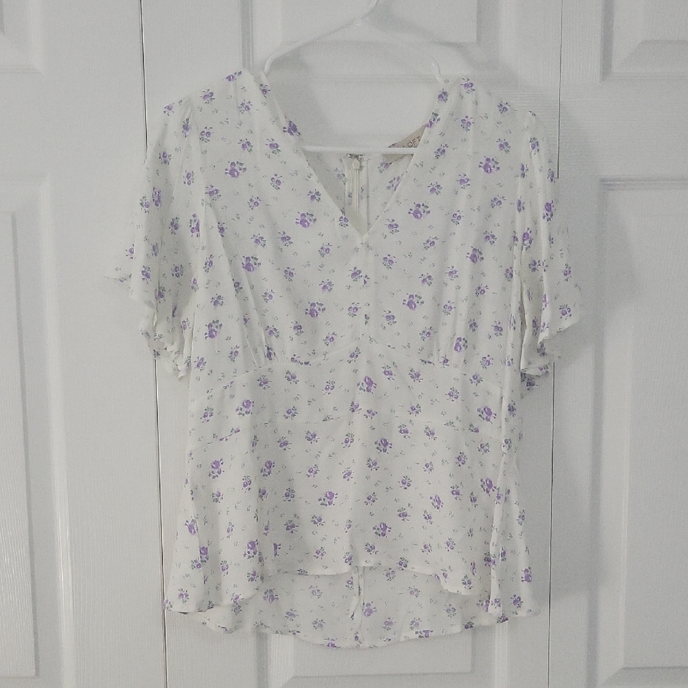LOFT White Blouse With Purple Flowers.